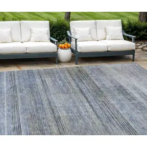 Photo of Denim Blue And Sky Blue Striped Washable Indoor Outdoor Area Rug