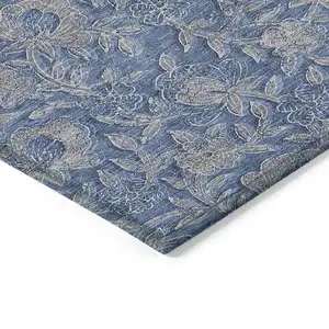 Photo of Denim Blue And Taupe Floral Washable Indoor Outdoor Area Rug