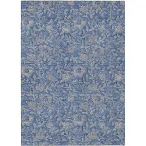 Photo of Denim Blue And Taupe Floral Washable Indoor Outdoor Area Rug