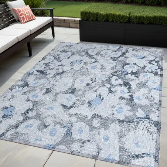 Denim Blue Floral Washable Non Skid Indoor Outdoor Area Rug Photo 1