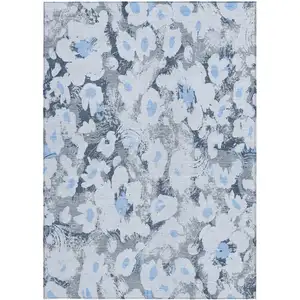 Photo of Denim Blue Floral Washable Non Skid Indoor Outdoor Area Rug