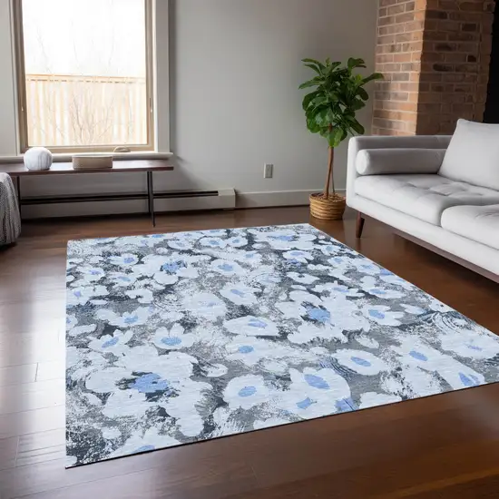 Denim Blue Floral Washable Non Skid Indoor Outdoor Area Rug Photo 9