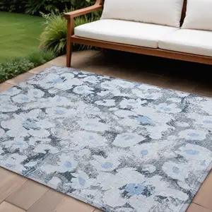 Photo of Denim Blue Floral Washable Non Skid Indoor Outdoor Area Rug