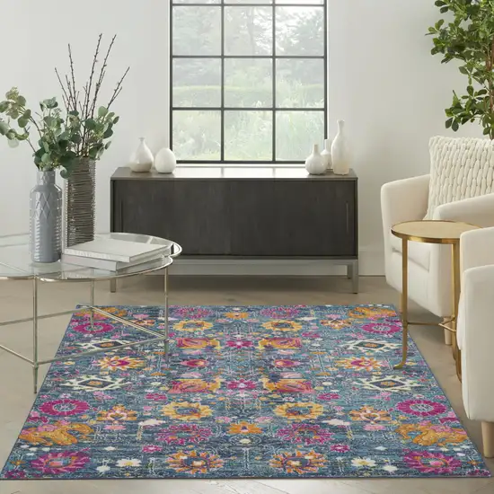 Blue And Orange Floral Distressed Area Rug Photo 8