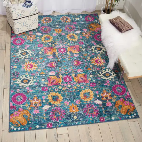 Blue And Orange Floral Distressed Area Rug Photo 7