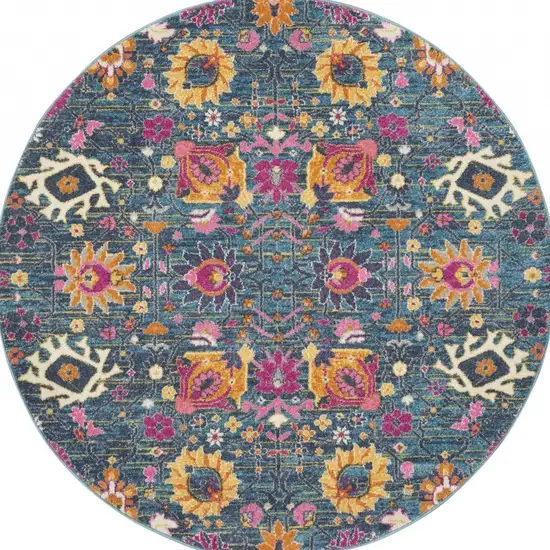 4' Blue And Orange Floral Distressed Round Rug Photo 8