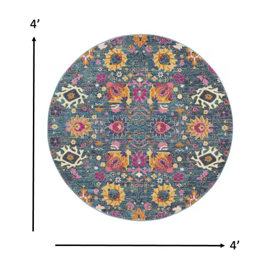 4' Blue And Orange Round Floral Power Loom Area Rug Photo 6