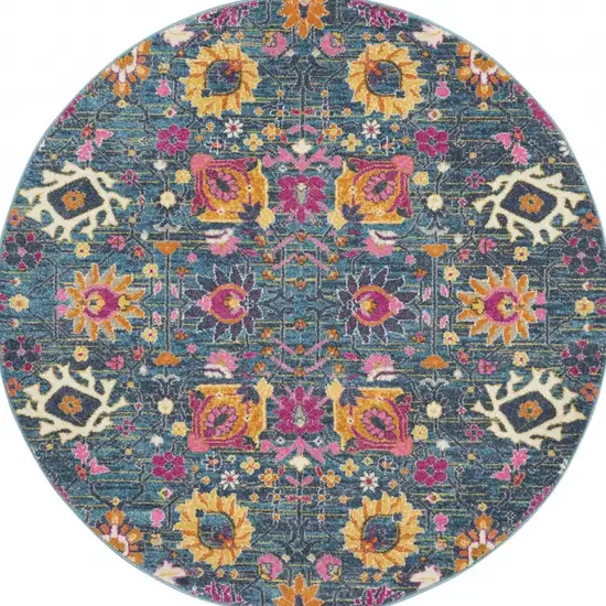 4' Blue And Orange Round Floral Power Loom Area Rug Photo 3