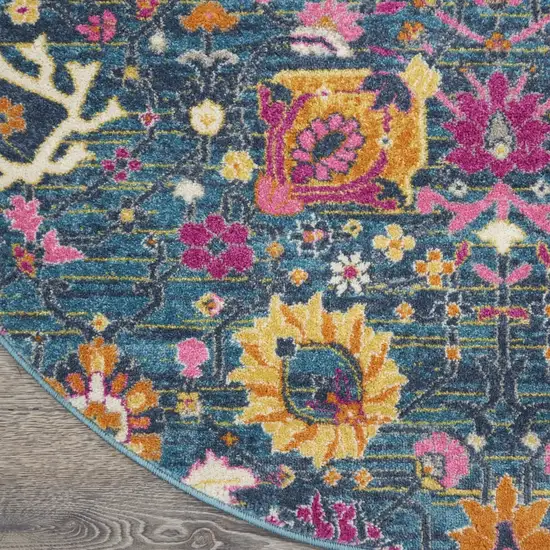 4' Blue And Orange Round Floral Power Loom Area Rug Photo 7