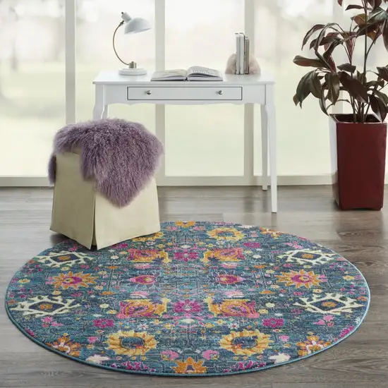 4' Blue And Orange Round Floral Power Loom Area Rug Photo 4