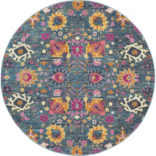 4' Blue And Orange Round Floral Power Loom Area Rug Photo 1