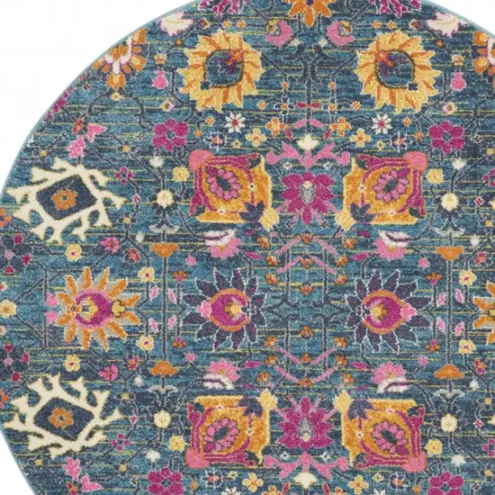 4' Blue And Orange Round Floral Power Loom Area Rug Photo 2