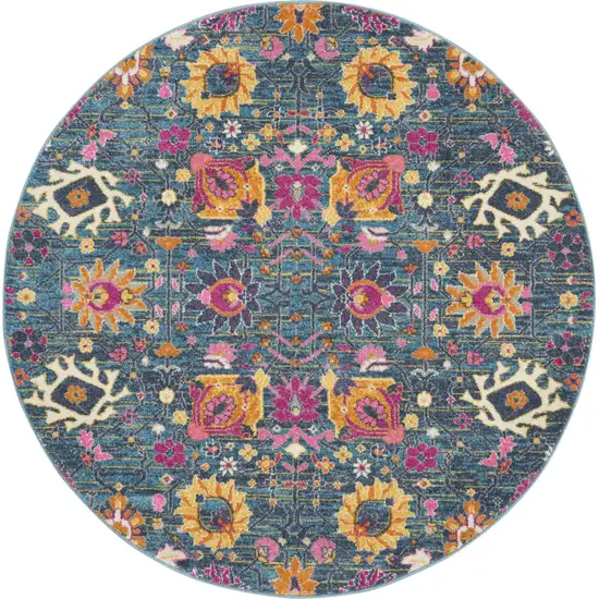 4' Blue And Orange Round Floral Power Loom Area Rug Photo 4