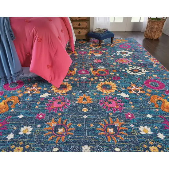 Blue And Orange Floral Distressed Area Rug Photo 9