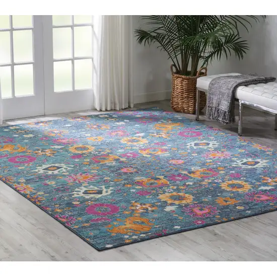 Blue And Orange Floral Distressed Area Rug Photo 7