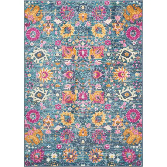 Blue And Orange Floral Distressed Area Rug Photo 6