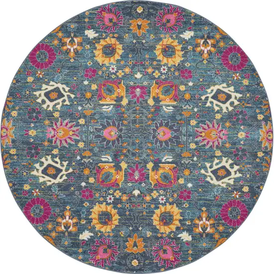 8' Blue And Orange Floral Distressed Round Rug Photo 1