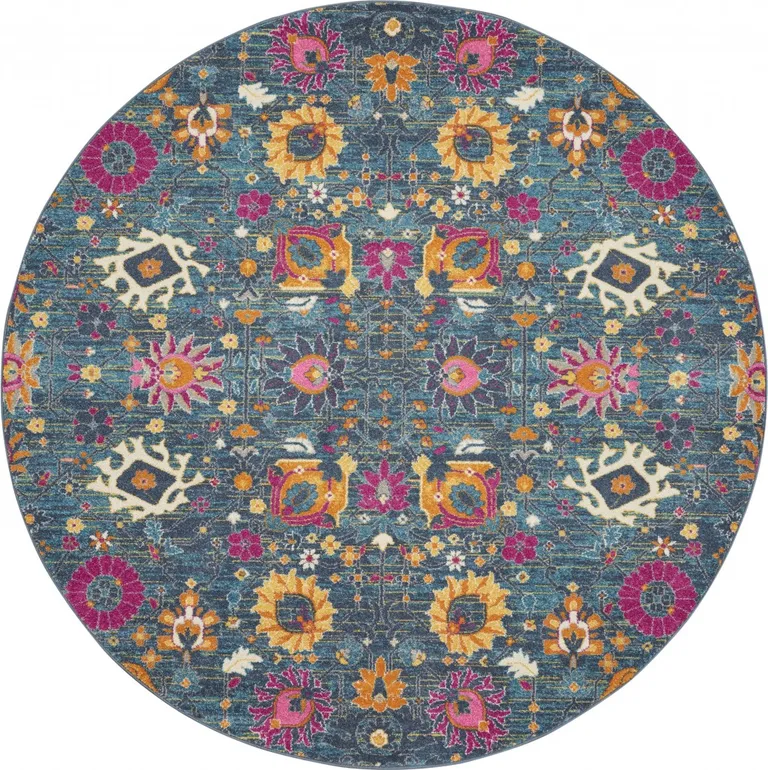 Denim Blue Florals Distressed Area Rug Photo 1