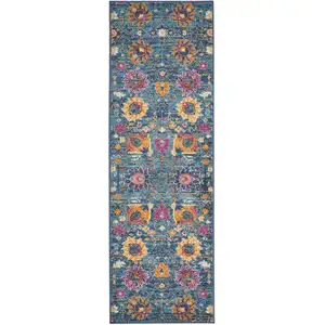 Photo of Denim Blue Florals Distressed Runner Rug