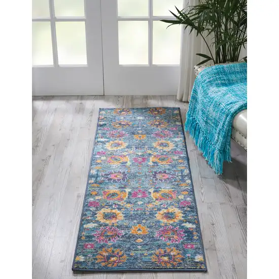 Denim Blue Florals Distressed Runner Rug Photo 3