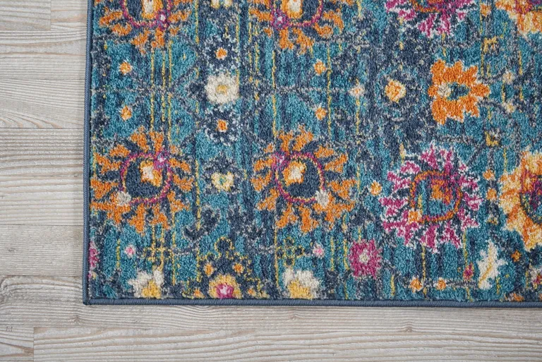 Denim Blue Florals Distressed Runner Rug Photo 4