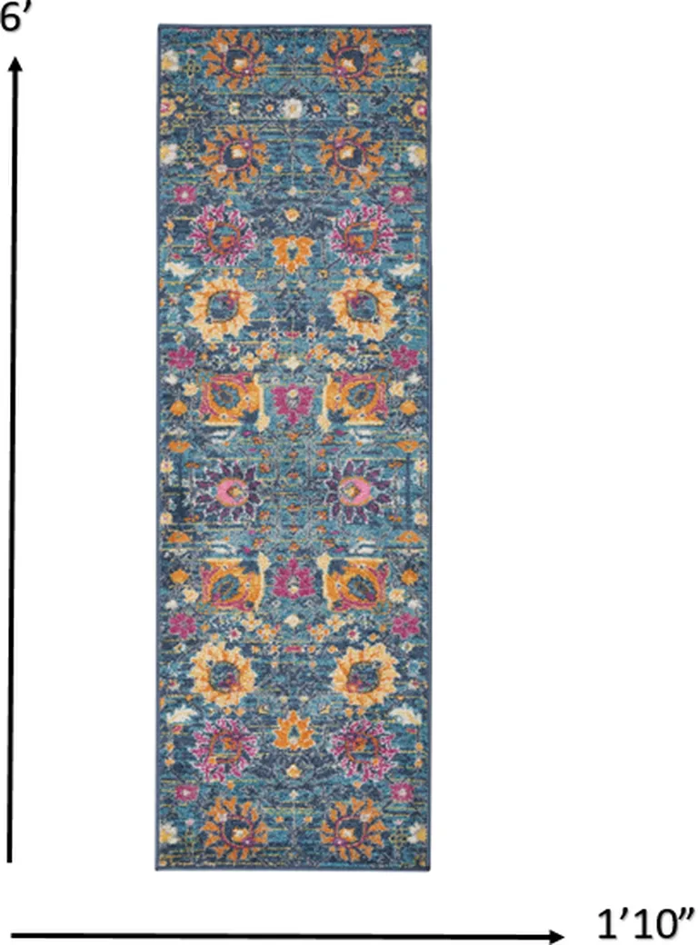 Denim Blue Florals Distressed Runner Rug Photo 2