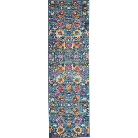 10' Blue And Orange Floral Power Loom Runner Rug Photo 8