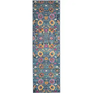 Photo of Denim Blue Florals Distressed Runner Rug