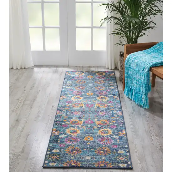 10' Blue And Orange Floral Distressed Runner Rug Photo 7