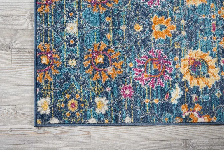 Denim Blue Florals Distressed Runner Rug Photo 3