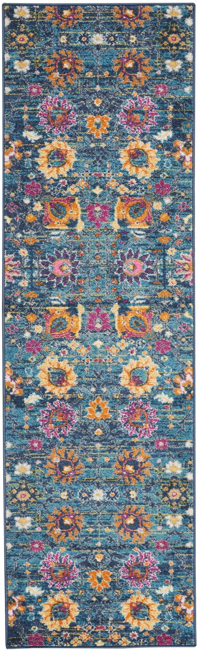 Denim Blue Florals Distressed Runner Rug Photo 1