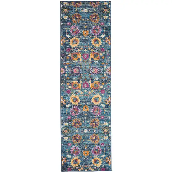 Denim Blue Florals Distressed Runner Rug Photo 1