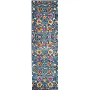 Photo of Denim Blue Florals Distressed Runner Rug