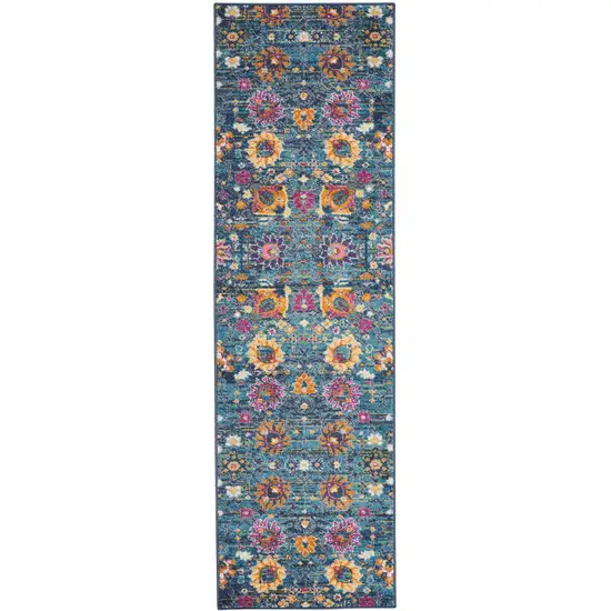 8' Blue And Orange Floral Distressed Runner Rug Photo 2