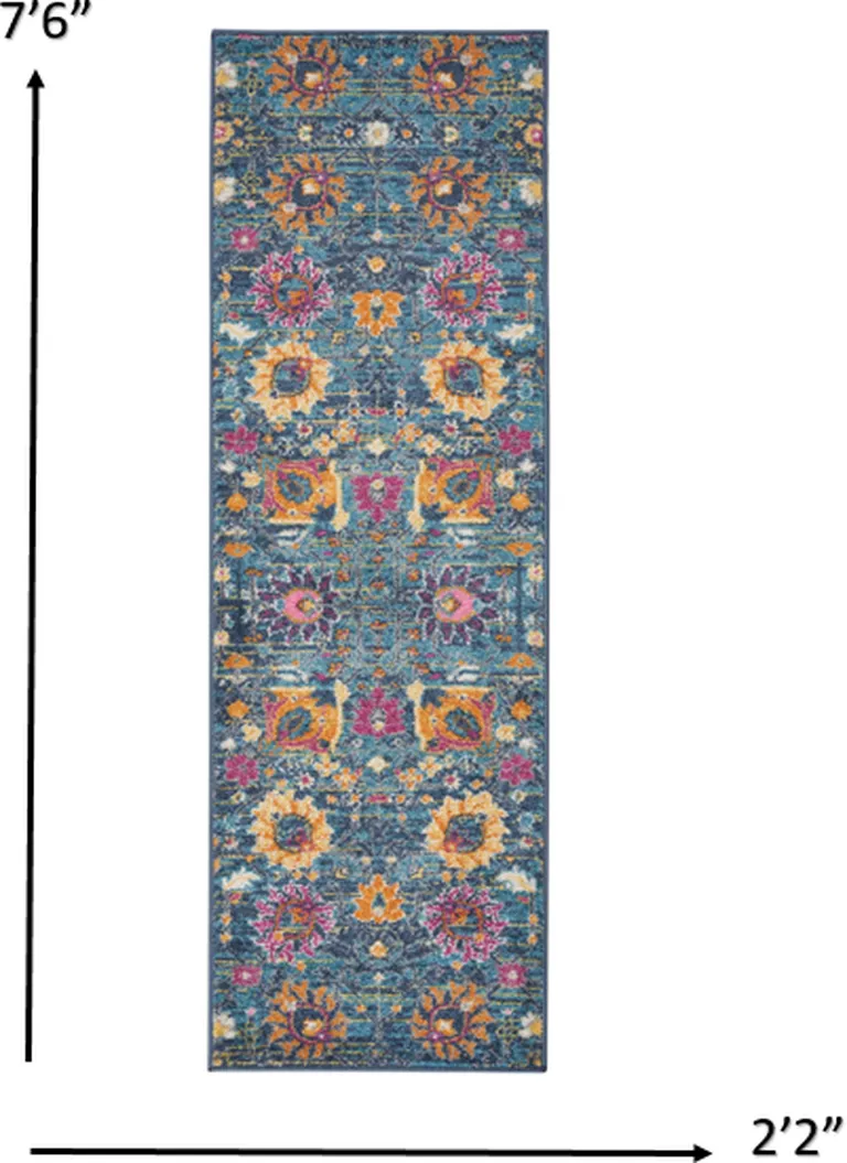 Denim Blue Florals Distressed Runner Rug Photo 2