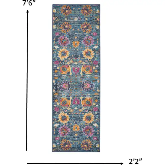 Denim Blue Florals Distressed Runner Rug Photo 2