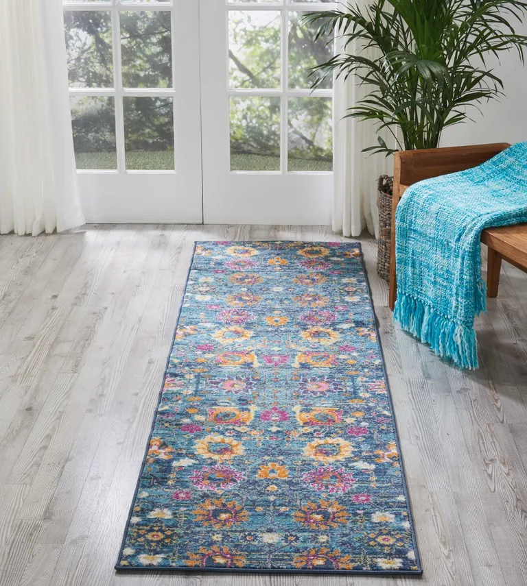 Denim Blue Florals Distressed Runner Rug Photo 5