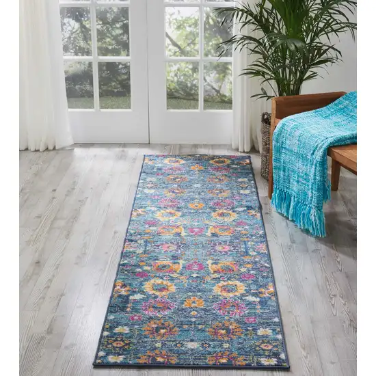 Denim Blue Florals Distressed Runner Rug Photo 5