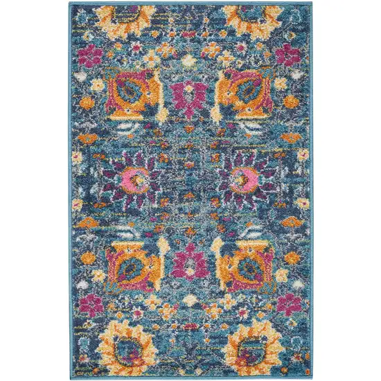 Blue And Orange Floral Distressed Area Rug Photo 6