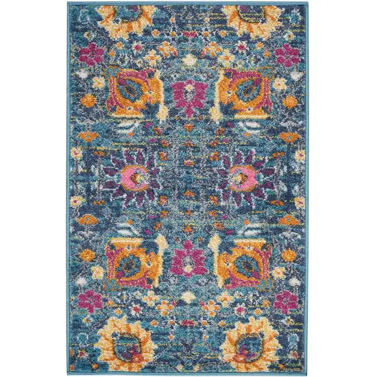 Blue And Orange Floral Distressed Area Rug Photo 1