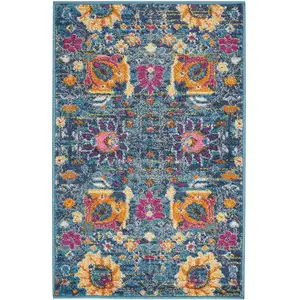 Photo of Denim Blue Florals Distressed Scatter Rug