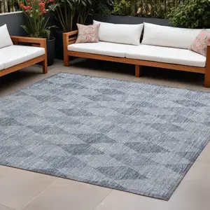 Photo of Denim Blue Geometric Washable Non Skid Indoor Outdoor Area Rug