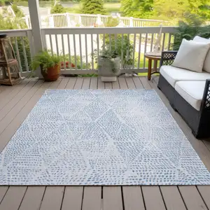 Photo of Denim Blue Ivory And Gray Geometric Washable Indoor Outdoor Area Rug