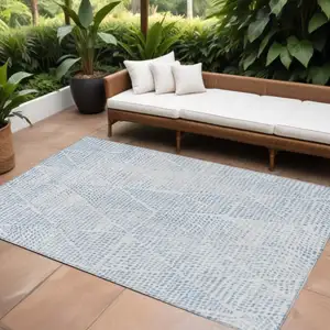 Photo of Denim Blue Ivory And Gray Geometric Washable Indoor Outdoor Area Rug