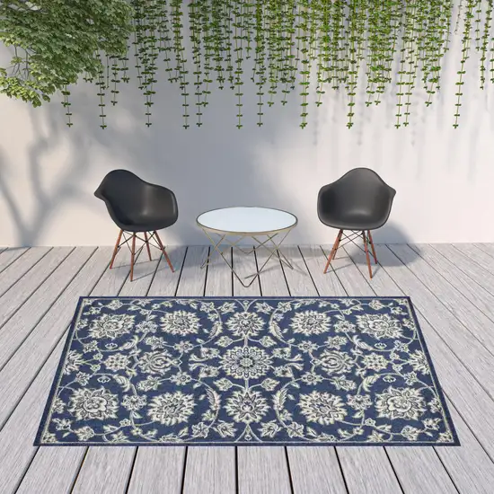 Denim Blue Machine Woven UV Treated Floral Traditional Indoor Outdoor Area Rug Photo 5