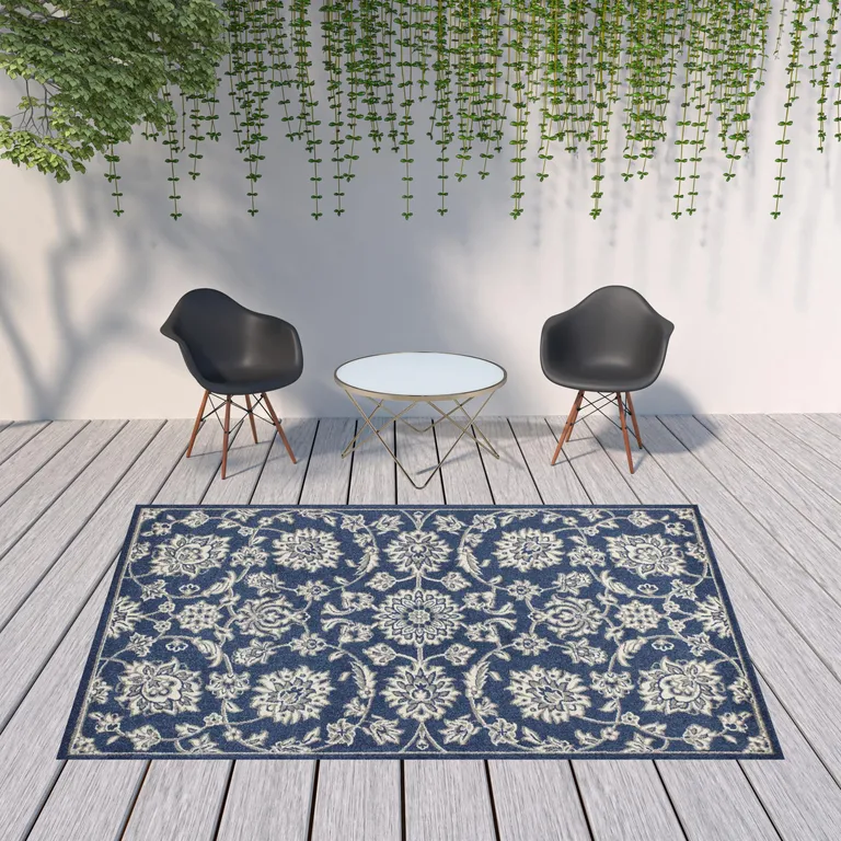 Denim Blue Machine Woven UV Treated Floral Traditional Indoor Outdoor Area Rug Photo 5