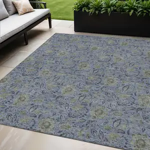 Photo of Denim Blue Navy Blue And Gray Floral Washable Indoor Outdoor Area Rug