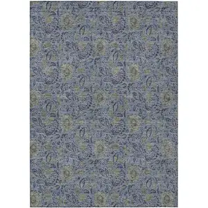 Photo of Denim Blue Navy Blue And Gray Floral Washable Indoor Outdoor Area Rug