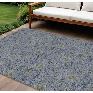 Photo of Denim Blue Navy Blue And Gray Floral Washable Indoor Outdoor Area Rug