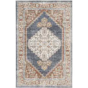 Photo of Denim Blue Oriental Power Loom Distressed Washable Area Rug